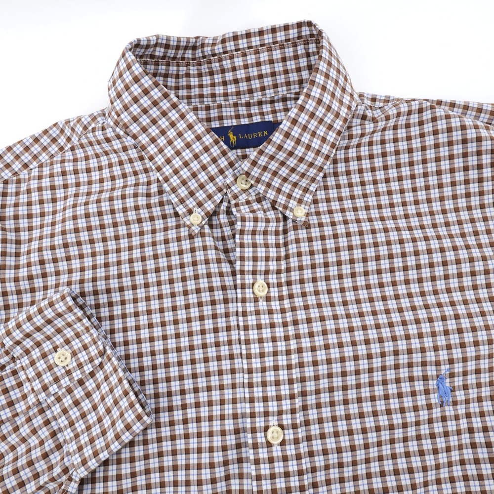 Ralph Lauren Check Button Down Shirt Brown Long Sleeve Mens XL
